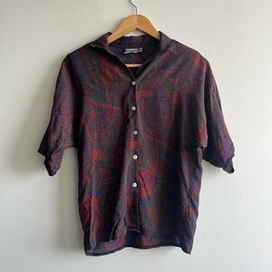 Vintage 90s Paisley Button-Front Short Sleeve Shirt - Burgundy/Black Women Sz M
